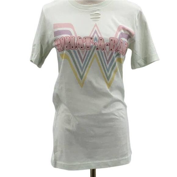 WHAT-A-BABE XS white distressed embellished cotton Short Sleeve Top T-Shirt B39 - Picture 1 of 5